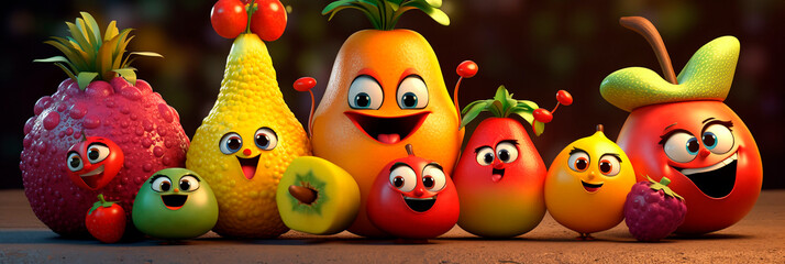 Fototapeta na wymiar Banner with fruits. Fun fruity salad. Cute cartoon fruits with smiling faces. Header for website, blog, children's menu, store sign.