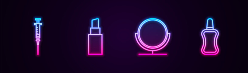 Set line Syringe, Lipstick, Round makeup mirror and Nail polish bottle. Glowing neon icon. Vector