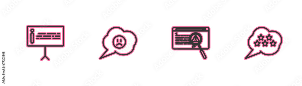Poster set line information, system bug concept, speech bubble with sad smile and five stars rating review 