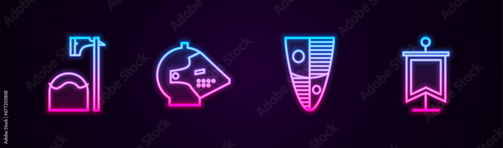 Poster set line executioner axe in tree block, medieval iron helmet, shield and flag. glowing neon icon. ve