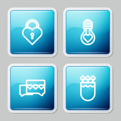 Set line Castle in the shape of heart, Heart light bulb, Like and and Quiver arrows with icon. Vector