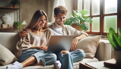 Cozy Couple Sharing a Fun Moment on Laptop at Home