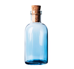 Botella azul de cristal con tapón de corcho en fondo transparente.
