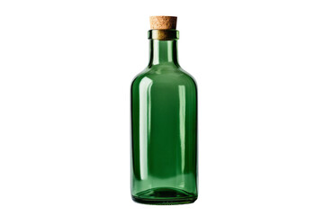 Botella verde de cristal con tapón de corcho en fondo transparente.