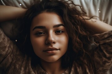 Dreamy Morning Bliss: Portrait of a Beautiful Girl Serenely Lying in Bed, Embracing Tranquil Moments