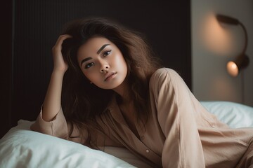Dreamy Morning Bliss: Portrait of a Beautiful Girl Serenely Lying in Bed, Embracing Tranquil Moments