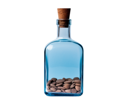 Botella azul de cristal con tapón de corcho y piedras pequeñas en su interior en fondo transparente.