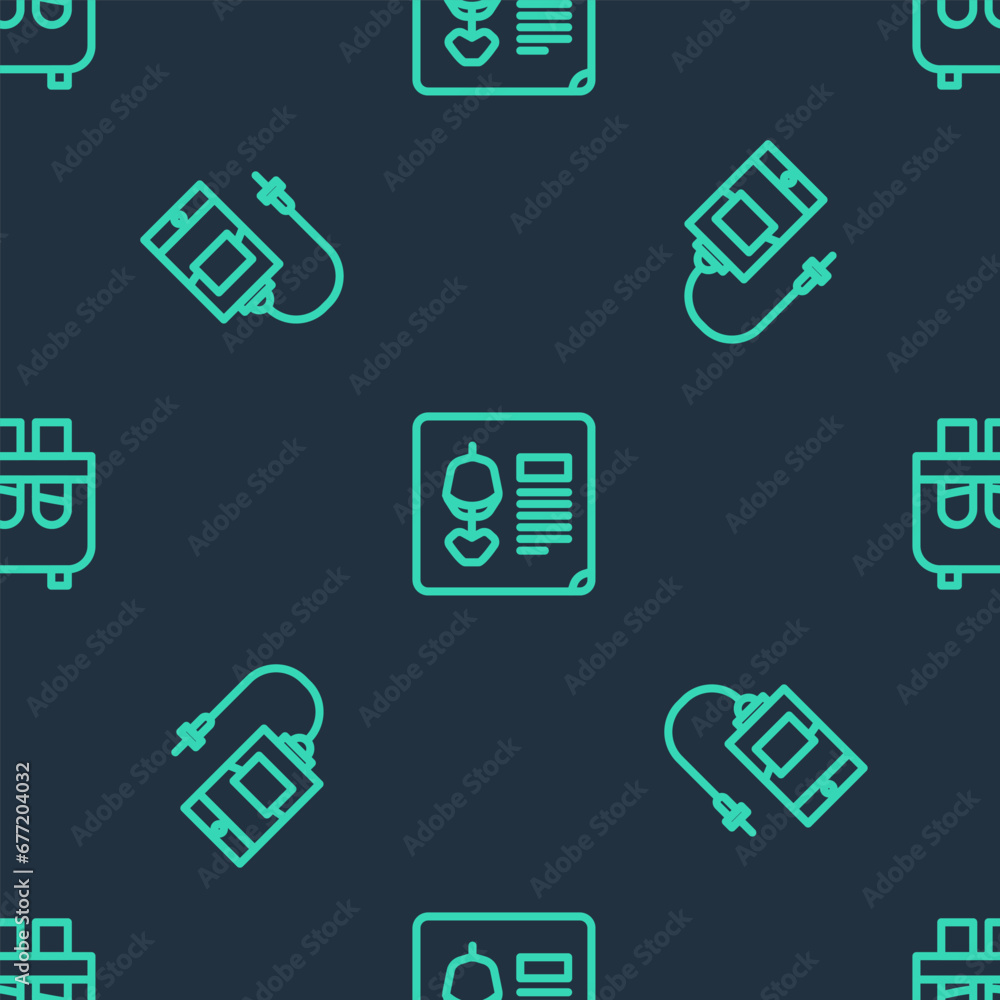 Poster set line x-ray shots, iv bag and test tube and flask on seamless pattern. vector