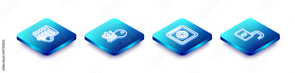 Poster set isometric line server security with key, cryptocurrency, safe and open padlock icon. vector