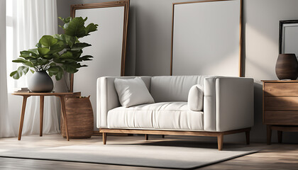 blank white, A minimalist interior background features an armchair and rustic furnishings on a canvas mockup.Frontal view