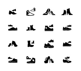 Shoe icon set. High heels sandal, cowboy boots, hiking footwear, sneakers, slipper minimal vector illustrations.