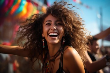 Fototapeta premium Salsa Sunset: Vibrant Outdoor Fiesta with a Beautiful Latina Dancing and Laughing Under the Radiant Sunset