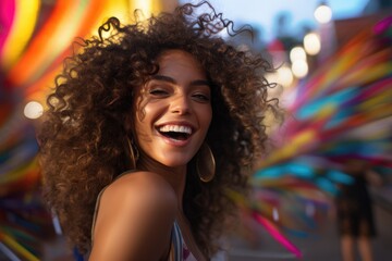 Fototapeta premium Salsa Sunset: Vibrant Outdoor Fiesta with a Beautiful Latina Dancing and Laughing Under the Radiant Sunset