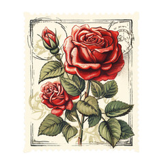 Vintage Postal Stamp, Red Rose Flower watercolor artwork style, Isolated transparent on white background, PNG