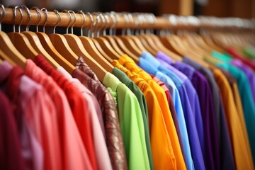 Vibrant assortment of fashion clothes on clothing rack in stylish and organized closet - obrazy, fototapety, plakaty
