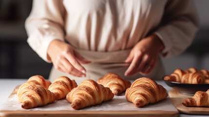 A woman is cooking croissants. Prepare for baking. Delicious traditional french crispy croissants for breakfast. Homemade bakery, cuisine for family. Girl chef work on kitchen table. Generated AI