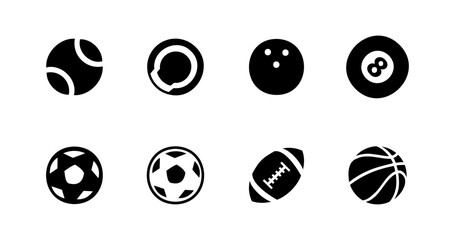 Sports Balls Minimal Flat Vector Icon Set. Soccer, Football, Tennis, Basketball, Rugby, Pool, Baseball, Ping Pong.