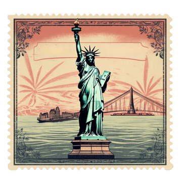 Statue of Liberty Vintage Travel postage Stamp isolated on white transparent background, PNG