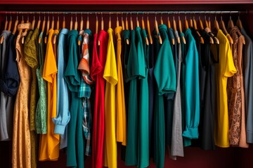 Colorful and trendy fashion clothes hanging on a clothing rack in a stylish and vibrant closet