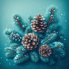 Winter Christmas background with fir tree branch and cones. Generative AI.