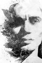 A paintoraphy male portrait closeup combined with a foliage painting