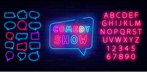 Comedy show neon label. Speech bubbles frames. Stand up performance advertising for event, party. Vector illustration