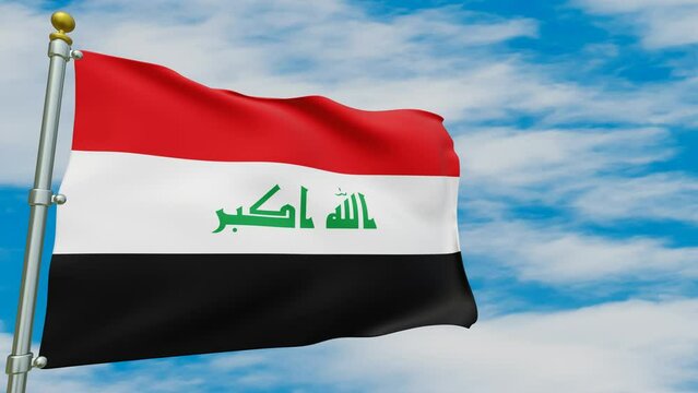 The Iraqi national flag flies over the blue sky. 3D animation of a flag flying with a vertical pole. 4k video and bottom view
