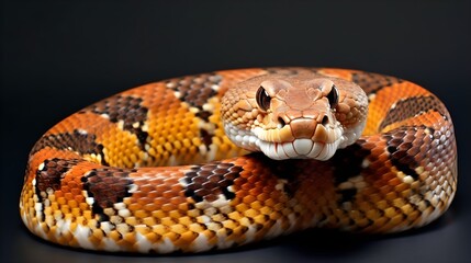 Obraz premium Close up of Corn snake or Pantherophis guttatus or sometimes called red rat snake studio shot looking at the camera.