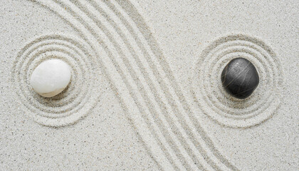 Zen stone Japanese black on sand round ripples, Meditation of Zen Buddhism traditional, Rock zen...
