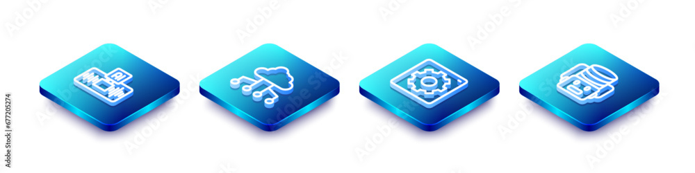 Poster set isometric line artificial intelligence ai, network cloud connection, computer api interface and 