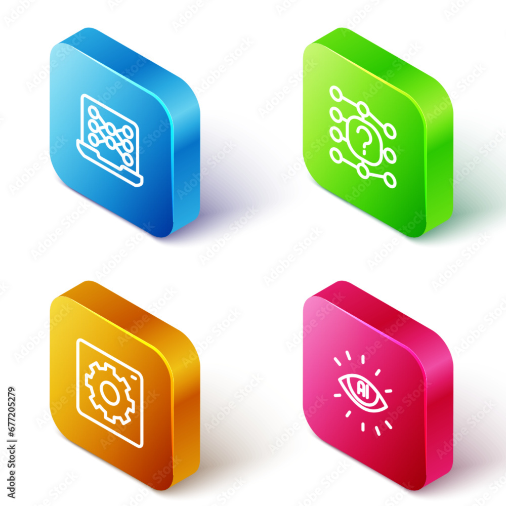 Poster set isometric line neural network, computer api interface and artificial intelligence ai icon. vecto