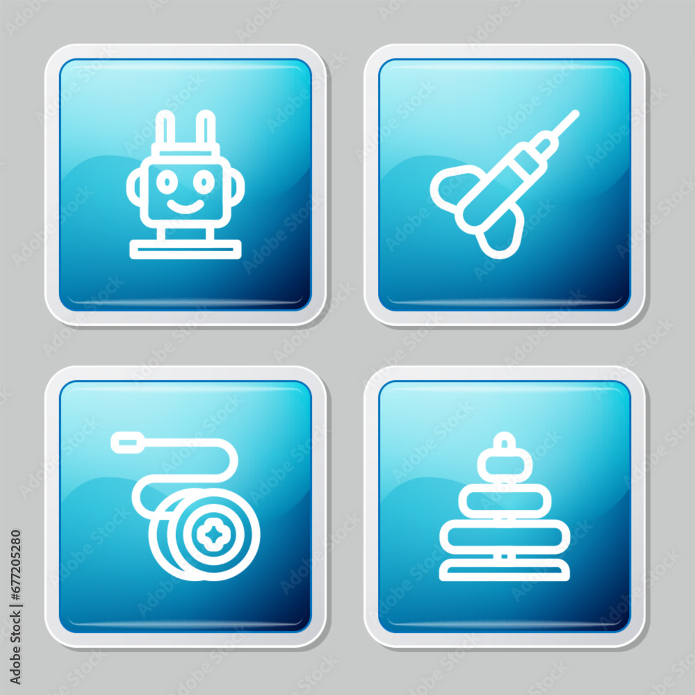 Poster set line robot toy, dart arrow, yoyo and pyramid icon. vector
