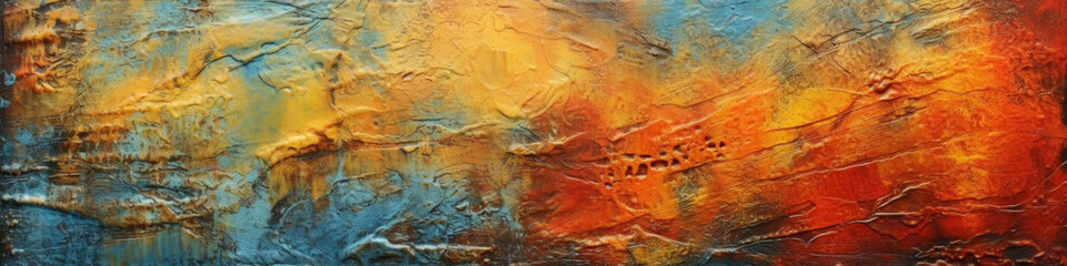 Creative art grunge banner. Light blue, yellow, red color paints. Paints randomly smudged on canvas.