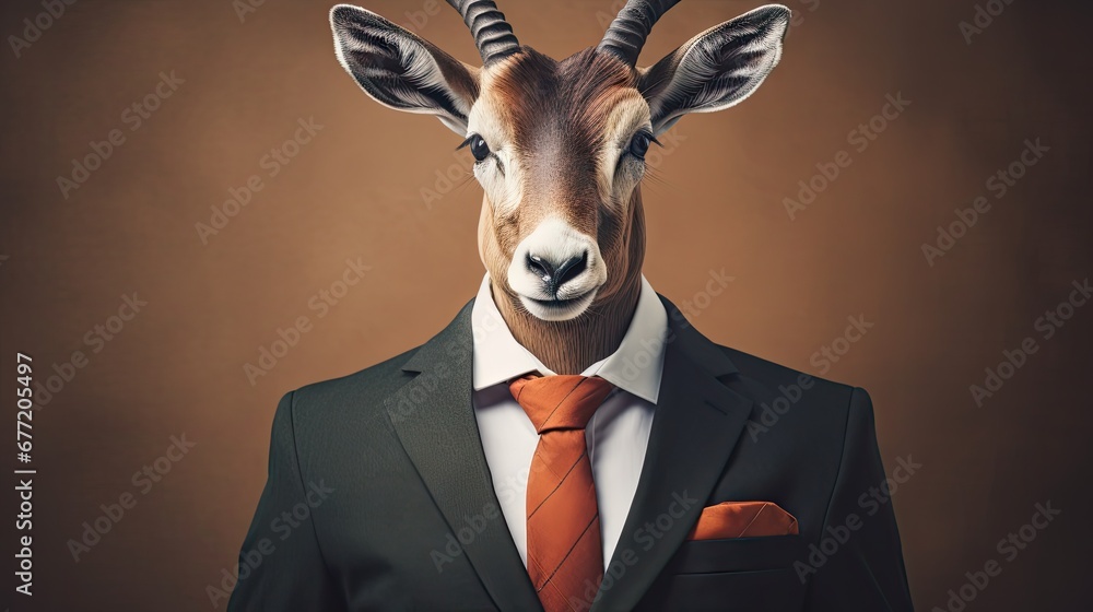 Poster an antelope wearing a suit and tie with a serious look on it's face while standing in front of a bro