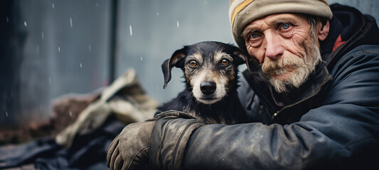 Homeless people beggar with Dogs, hungry homeless begging for help food and money, Problems of big...