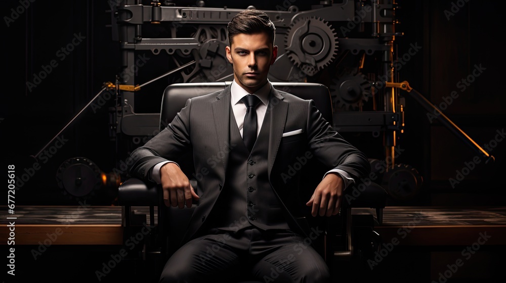 Poster  a man in a suit and tie sitting in a chair in front of a wall with a clock on it.  generative ai