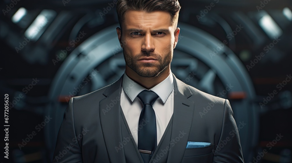 Poster a man in a suit and tie standing in front of a wall with a circular object in it's center. generativ