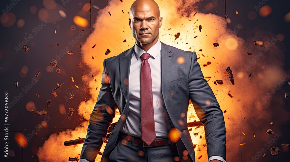 Poster  a man in a suit and tie holding a gun in front of a explosion of orange and black objects in the background.  generative ai