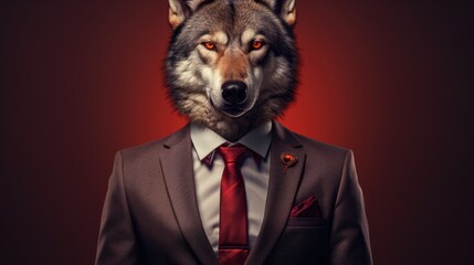  a man in a suit with a wolf's head on his head and a red tie around his neck.  generative ai