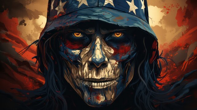 Skull of a man in a military helmet with an American flag