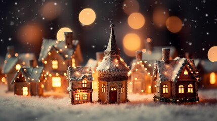 Fototapeta na wymiar Miniature of a city as a Christmas ornament with full of snow and lights.