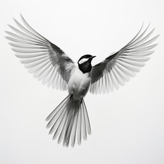 a black and white bird is flying through the air