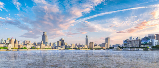 Shanghai city financial district skyline panorama at sunrise - obrazy, fototapety, plakaty