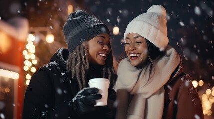 Lesbian couple strolls with coffee sharing intimate moments of warmth and affection during morning in tranquil park. Couple of girlfriends enjoys coffee walking through park enjoying each other.