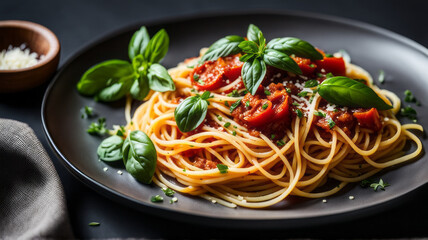 a plate of spaghetti pasta is beautifully arranged with a medley of colorful vegetables, succulent Mediterranean meat, and aromatic herbs, capturing the essence of a delicious Italian lunch