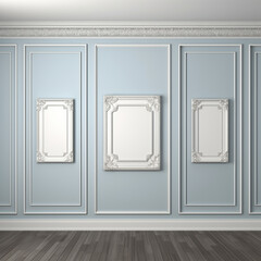 ornate frames placed on the blue room wall