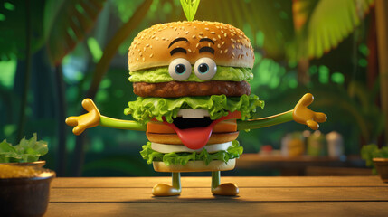 Hawaiian Burger (with pineapple & teriyaki) transformed into a high-definition cartoon-style character,  complete with arms and legs. The characters face will be on the Green Curry (Thai) - obrazy, fototapety, plakaty