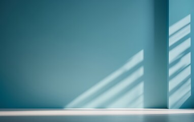 Minimalistic empty blue room with sunlight streaming in through windows. - obrazy, fototapety, plakaty
