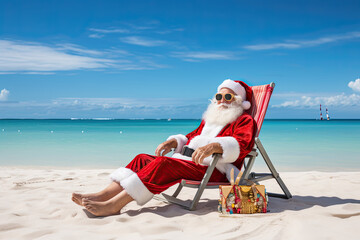 Santa Claus in red Santa outfit relaxing on sunlounge at ocean sandy tropical beach. Celebrating Christmas in hot countries