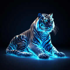 a tiger in blue light is lying down on dark background